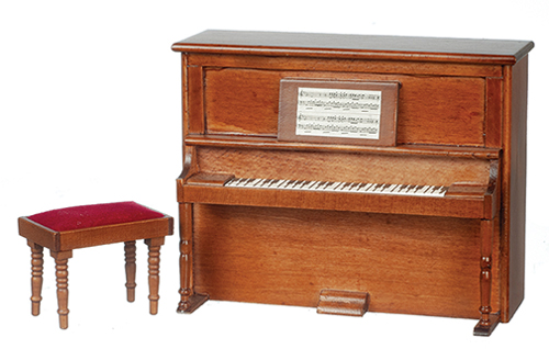 Dollhouse Miniature Piano with Bench, Non-Musical, Walnut